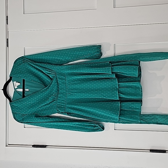 Japna Dresses & Skirts - Japna Kelly Green cross-over v-neck tie back, sheer long sleeves Size S